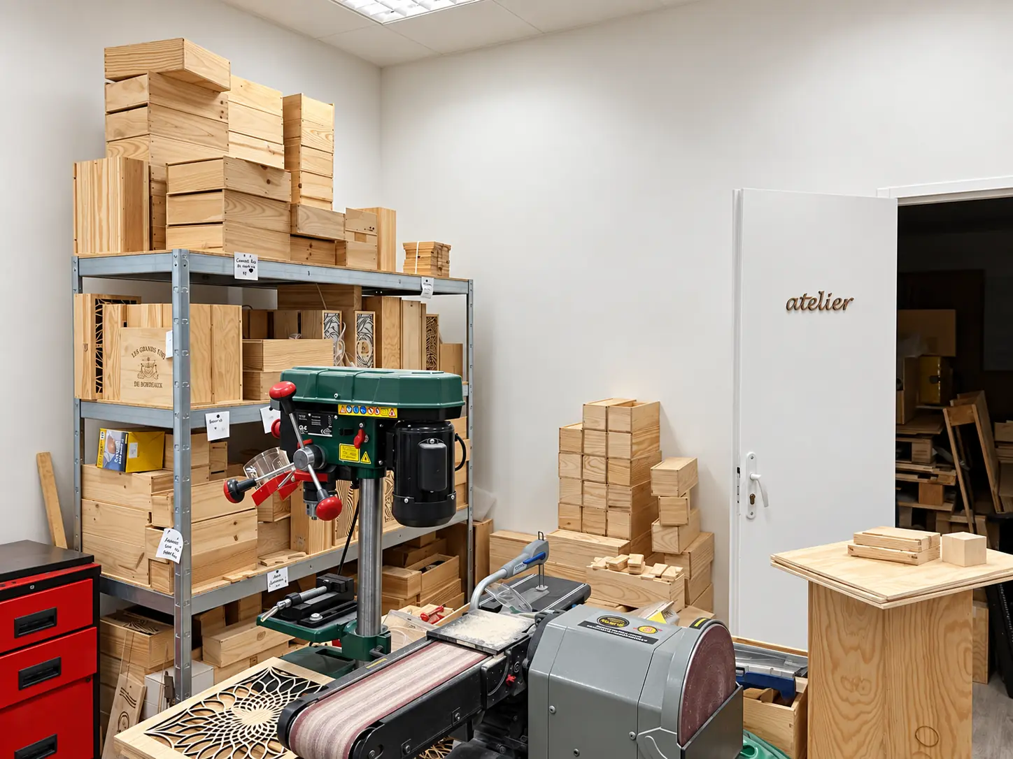 Espace de travail du bois et rangements de l’atelier