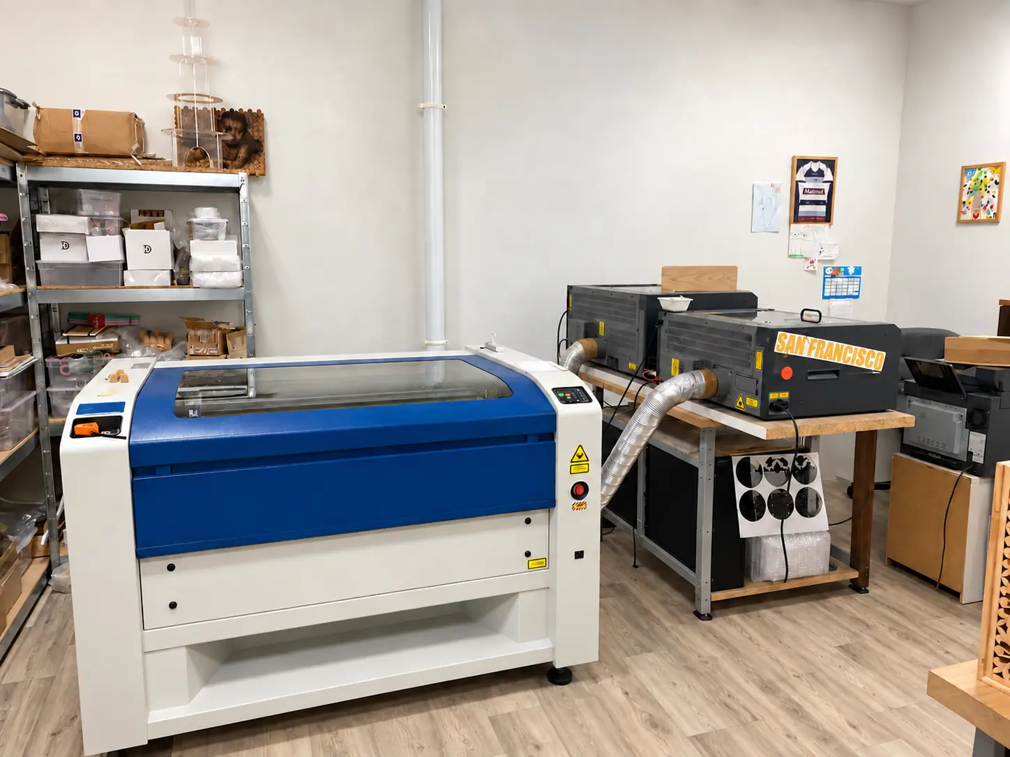Machine laser bleue dans l’atelier 7M DESIGN