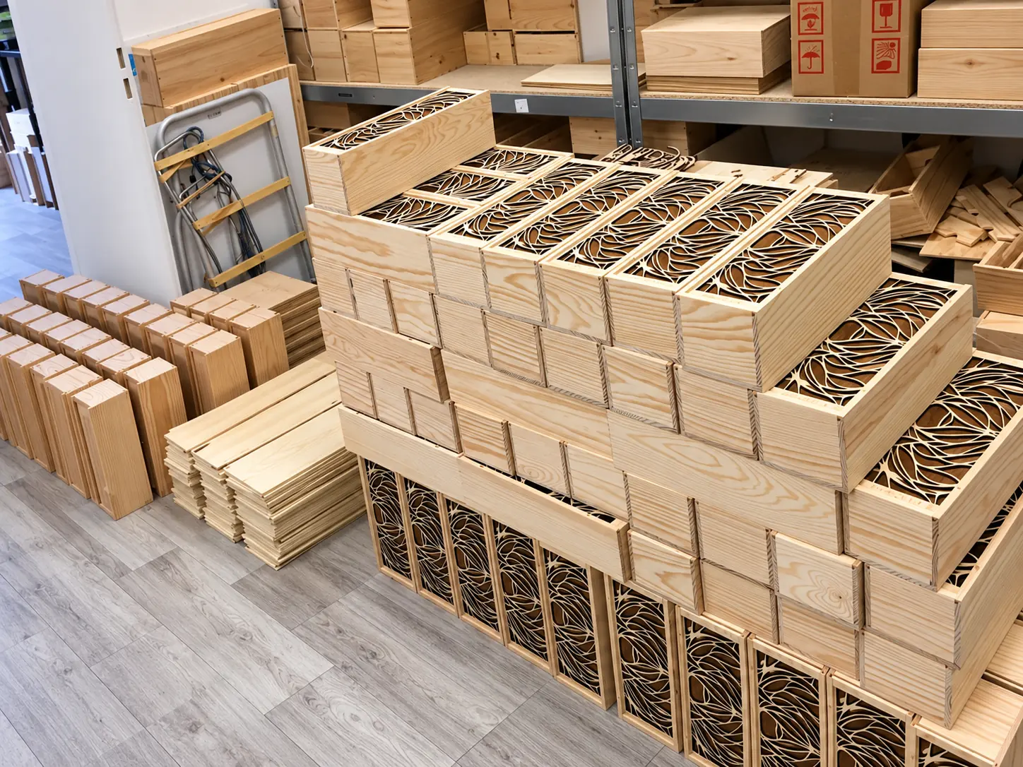 Pile de coffrets en bois ajourés en cours de fabrication