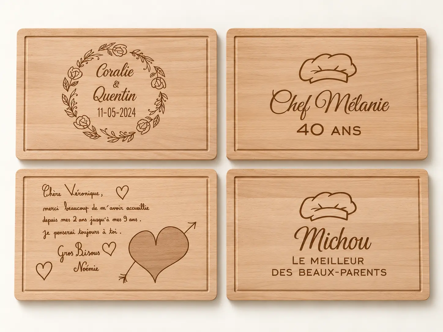 Quatre planches à découper rectangulaires en bois gravées