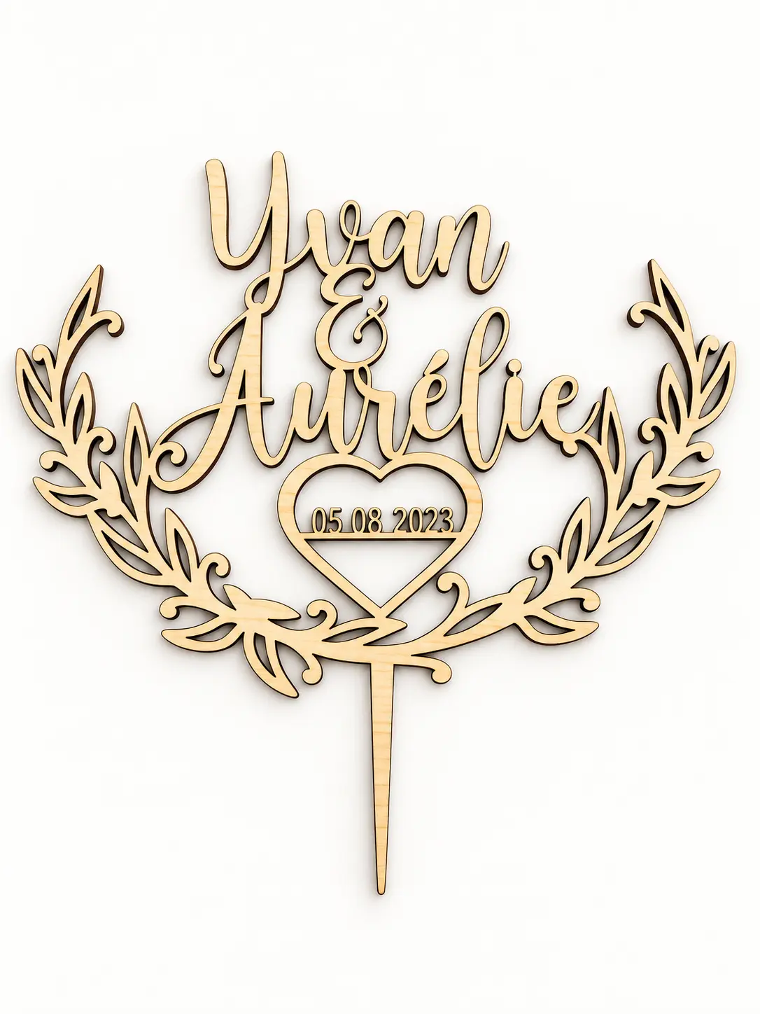 Topper de gâteau de mariage Yvan et Aurélie en bois découpé